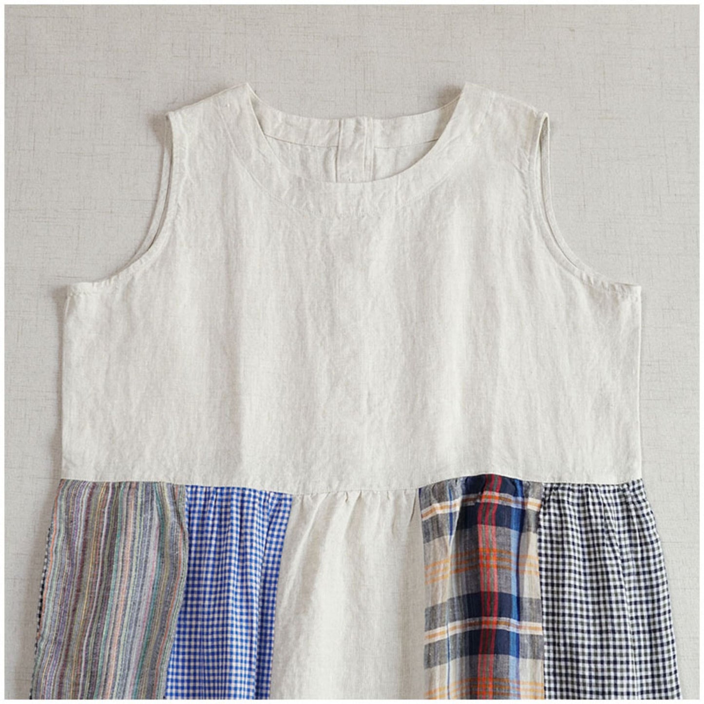 Linen Color-Block Mori Girl Tank Dress – High-Waist, Loose, Round Neck
