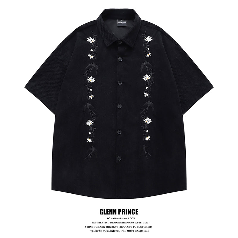 American Retro Floral Embroidery Corduroy Short Sleeve Shirt for Men Summer Trendy Brand Niche Loose Shirt