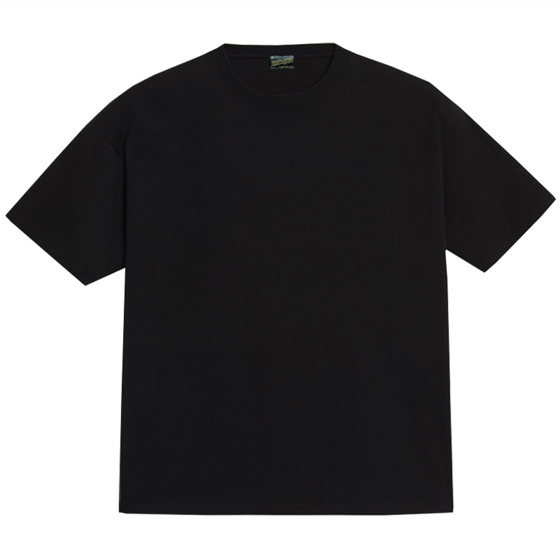 Classic Simple Pure Black Heavy Cotton Crew Neck Short Sleeve T-Shirt Unisex American Retro