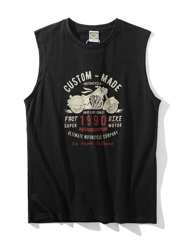 American-Retro Washed 100% Cotton Printed Sleeveless Vest – Trendy Summer Sports Casual Tee