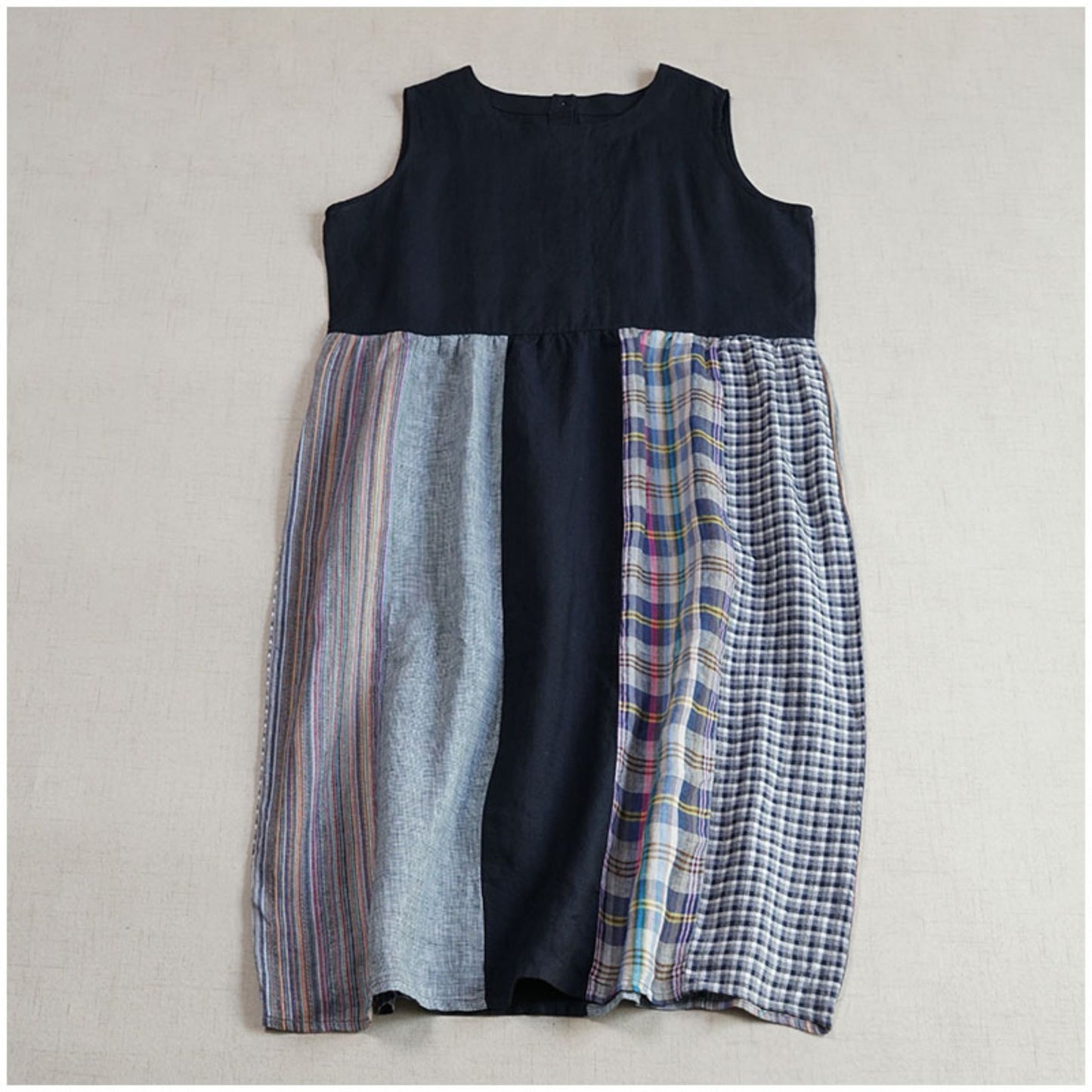 Linen Color-Block Mori Girl Tank Dress – High-Waist, Loose, Round Neck