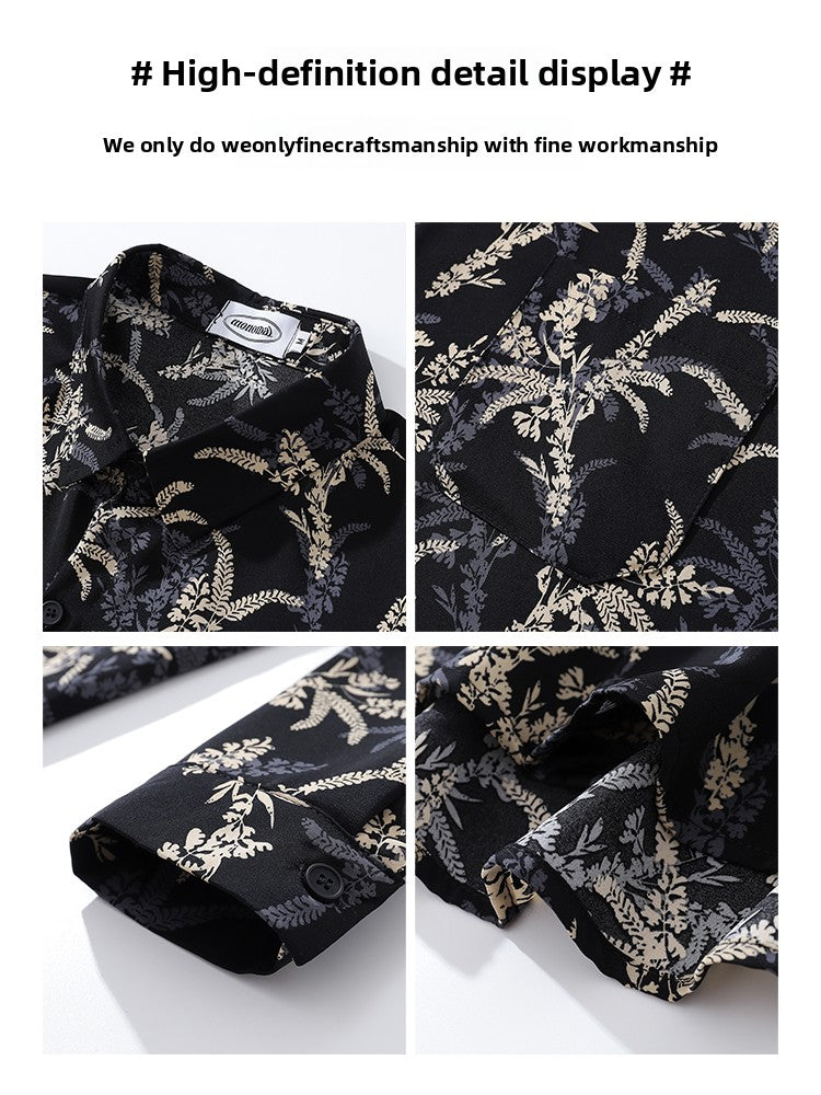 American Style Casual Floral Full Print Long Sleeve Shirt for Men, Loose Beach Shirt Jacket for Autumn