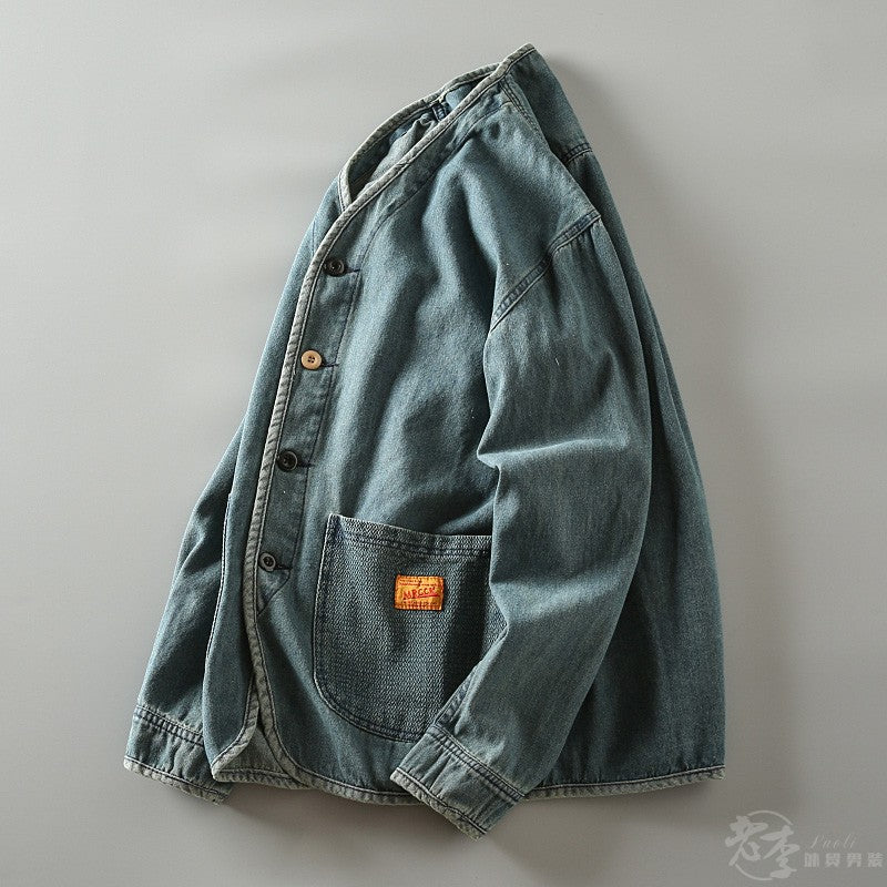 Autumn New Japanese Retro Washed Cotton Men's Casual Versatile Collarless Denim Jacket Coat Trend