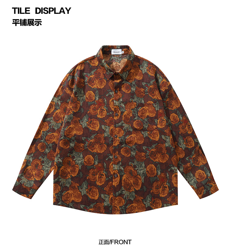 American Retro Oil Painting Floral Full Print Long Sleeve Shirt for Men, Autumn Street Style Loose Casual Floral Shirt