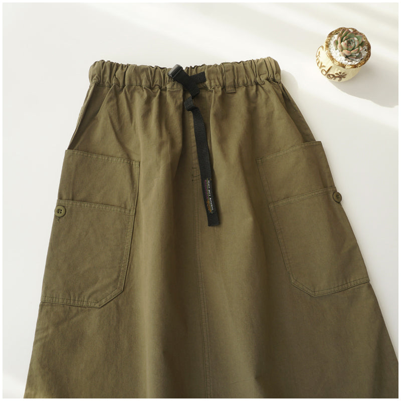 Japanese-Style Patchwork A-Line Skirt – High-Waist Loose Fit with Elegant Elastic Waist