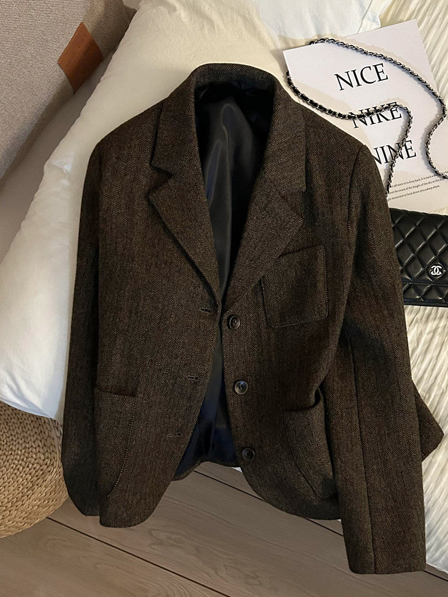 Coffee Retro Herringbone Wool Blazer - High-End Fashion Jacket 2025 (Women)