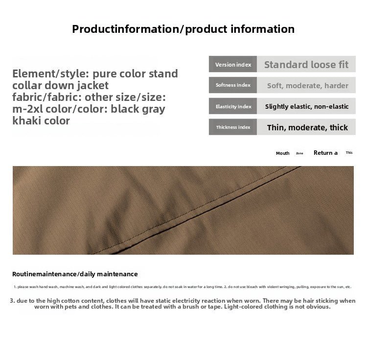American Retro Basic Stand Collar Workwear Down Jacket for Men Winter Versatile Couple White Duck Down Coat