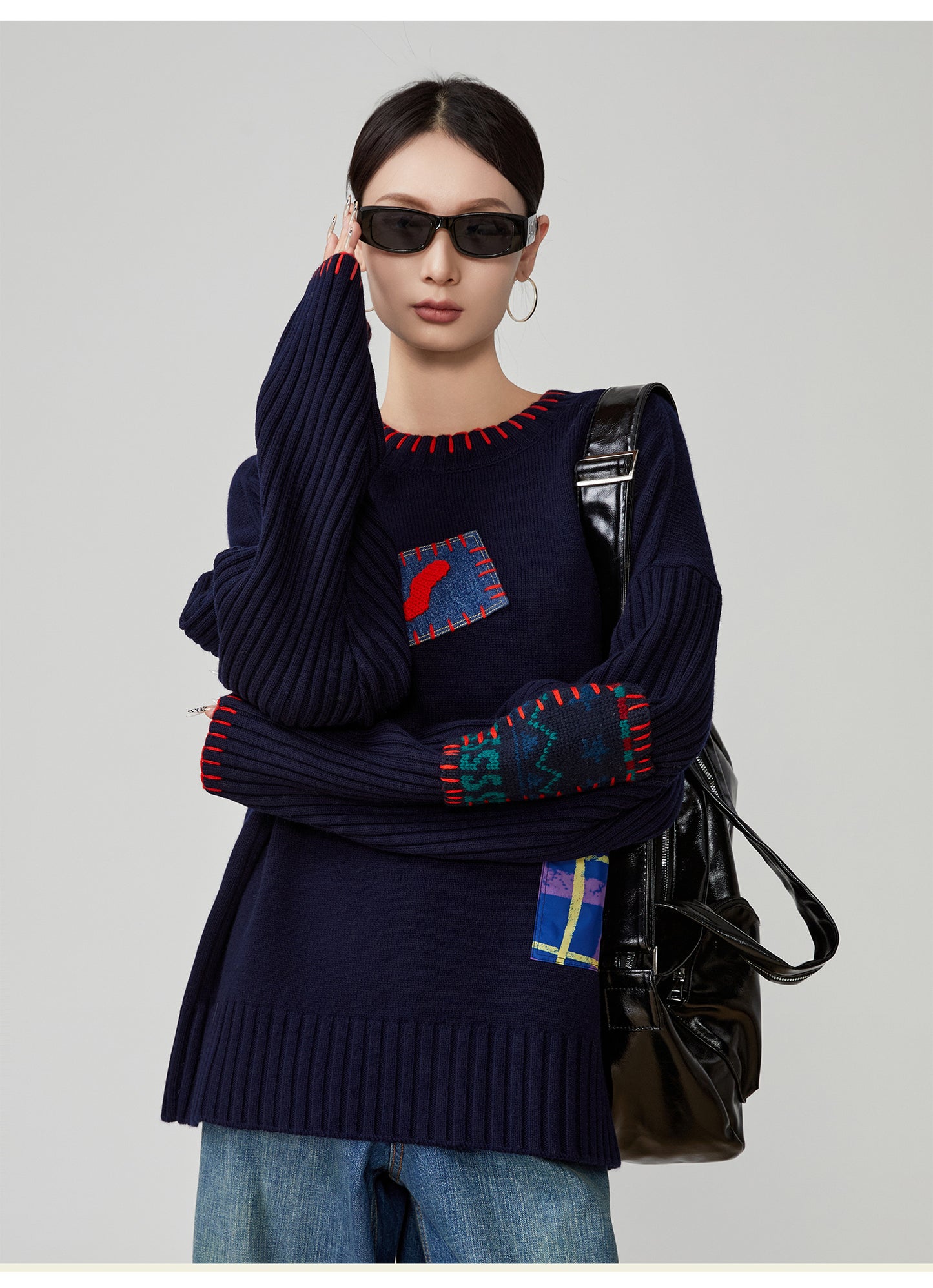 Color-Block Hand-Embroidered Patchwork Sweater – Japanese Niche Knit Top