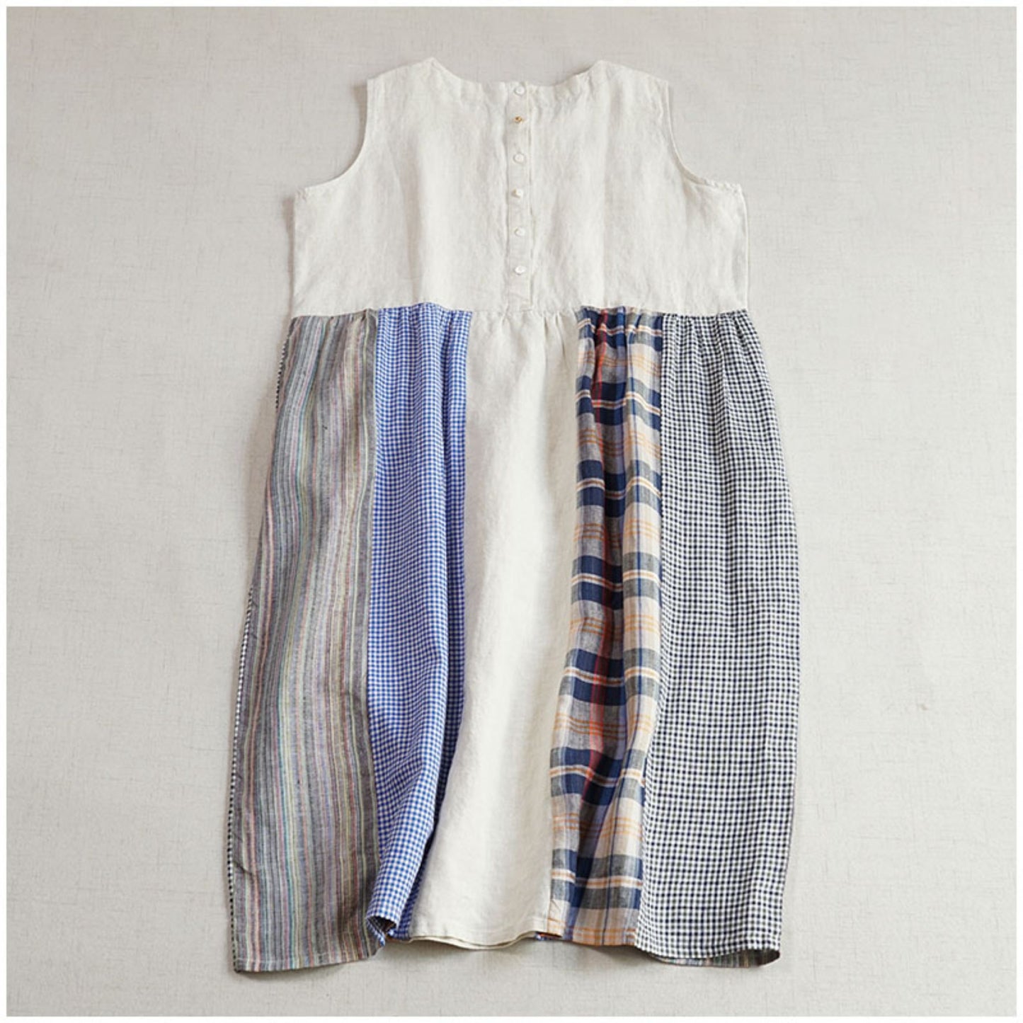 Linen Color-Block Mori Girl Tank Dress – High-Waist, Loose, Round Neck