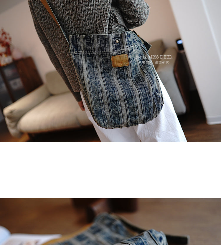 Vintage Washed Distressed Denim Patchwork Lightweight Large Capacity Tote Bag Versatile Casual Shoulder Crossbody Bag