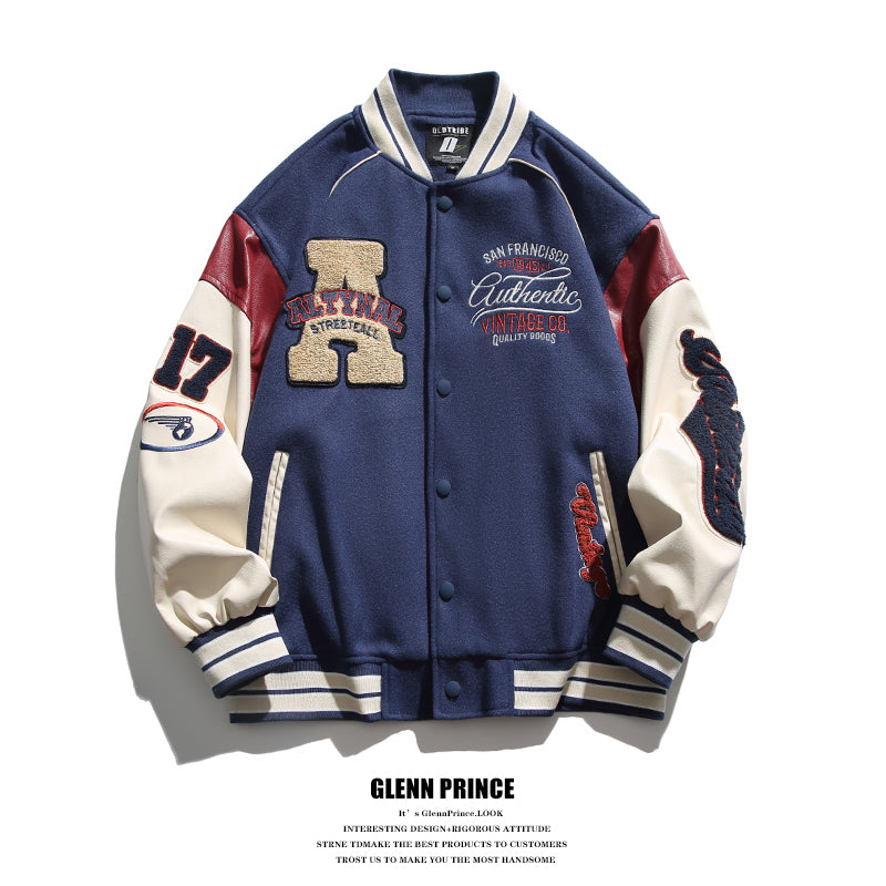 American Style Trendy Brand Patchwork Baseball Jacket for Men, Autumn and Winter Retro Cotton Jacket, Spring and Autumn New Couple Jacket