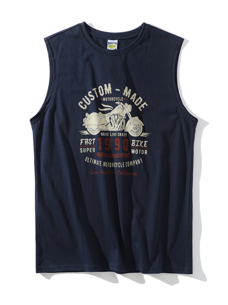 American-Retro Washed 100% Cotton Printed Sleeveless Vest – Trendy Summer Sports Casual Tee