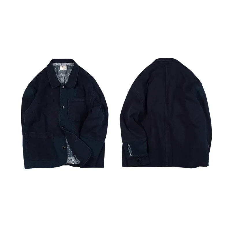 Blue Dye Patchwork Cashew Flower French Workwear Jacket – Loose Short Tooling Coat Men – Japanese vintage | yamalin clothes | Yamalinclothes