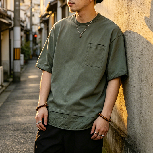 Vintage Patchwork Washed T-Shirt Men – Heavy Cotton Layered Oversized Streetwear Tee