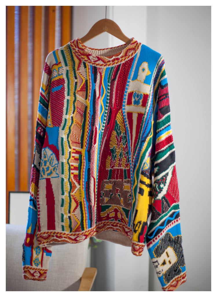 Japanese niche retro portrait pattern pullover red Crew Neck pullover sweater s