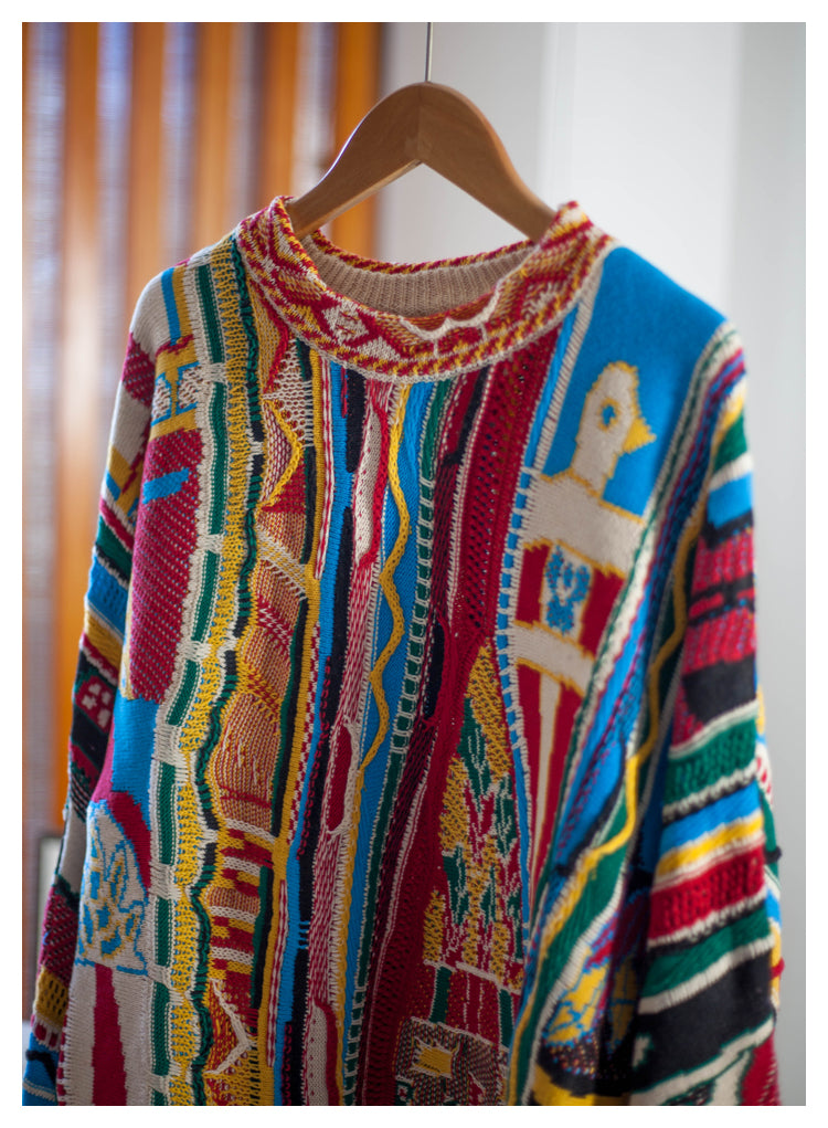 Japanese niche retro portrait pattern pullover red Crew Neck pullover sweater s