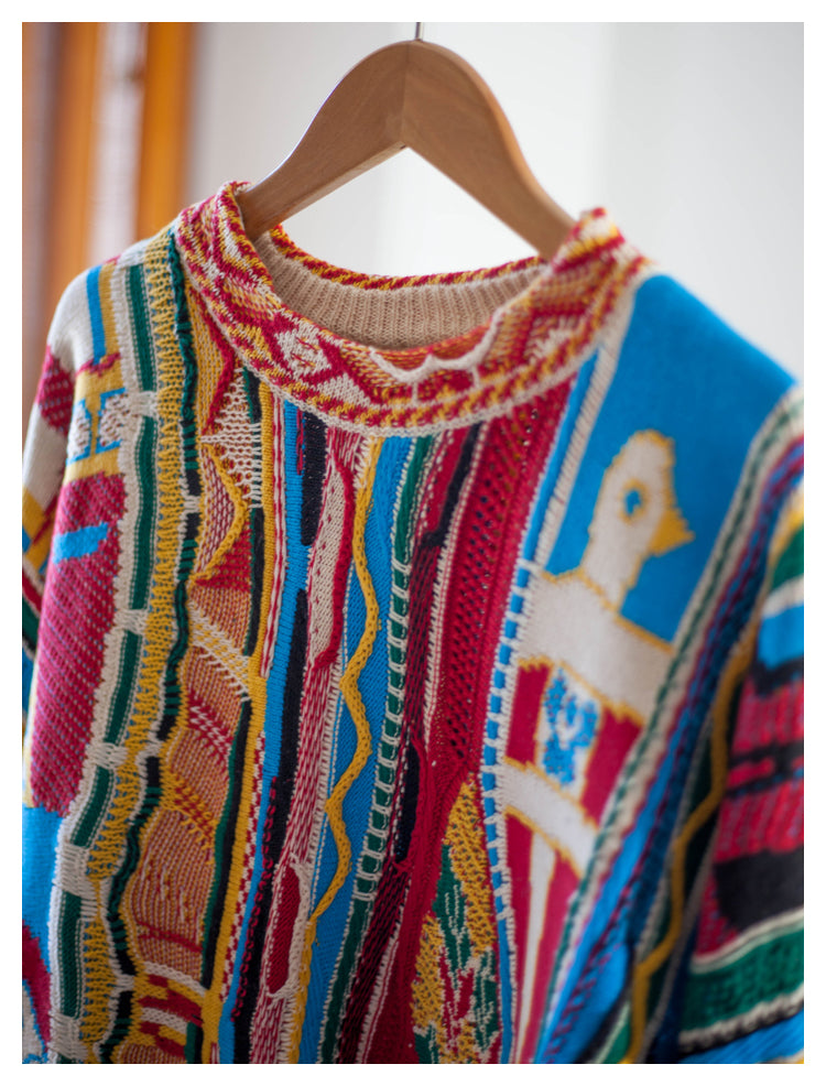 Japanese niche retro portrait pattern pullover red Crew Neck pullover sweater s