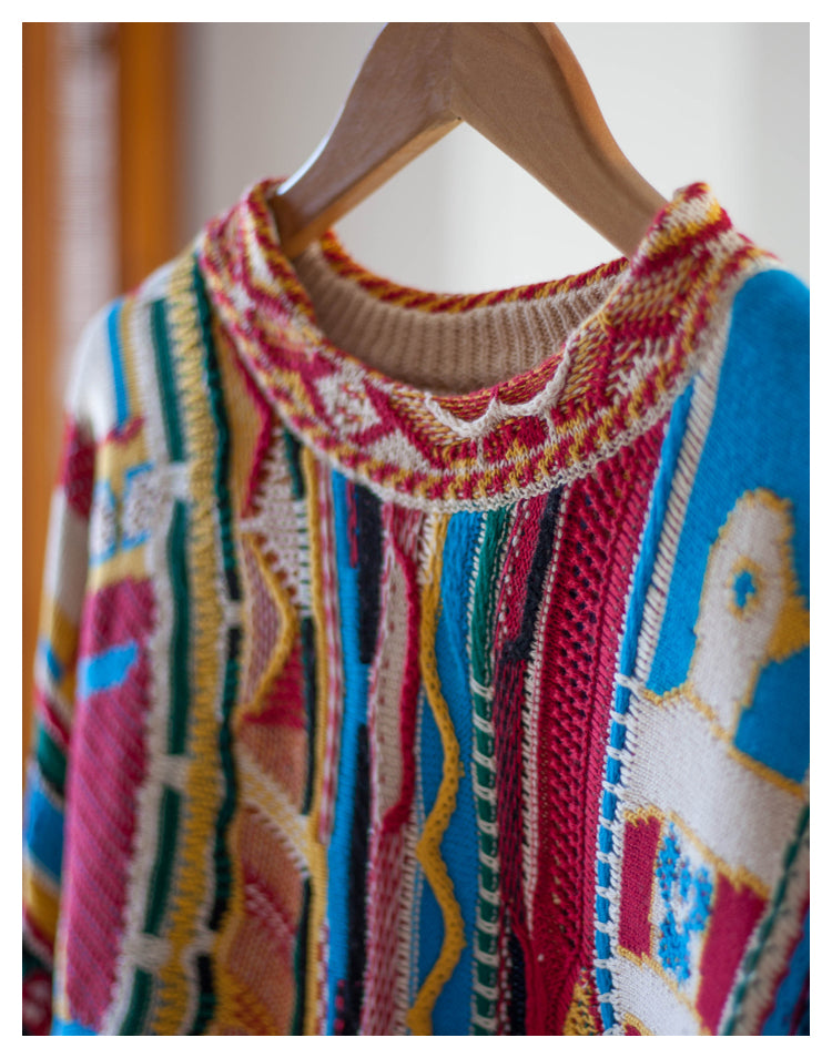 Japanese niche retro portrait pattern pullover red Crew Neck pullover sweater s