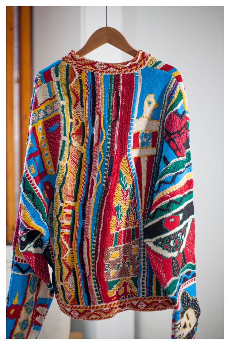 Japanese niche retro portrait pattern pullover red Crew Neck pullover sweater s