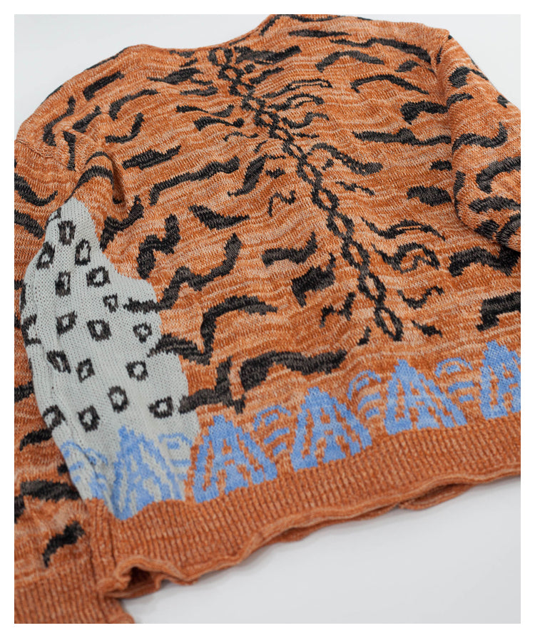 Japanese style niche tiger pattern retro knitted sweater cardigan jacket