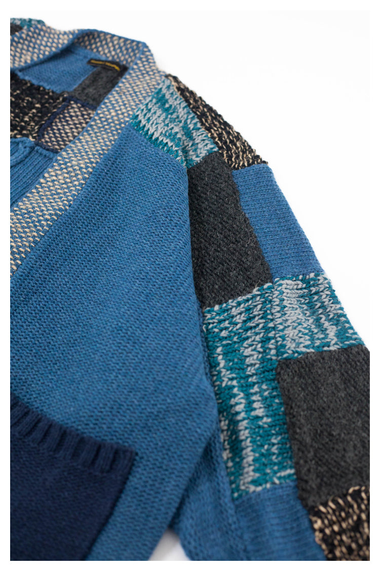Spot Japanese retro blue patch knitted sweater Taoist robe