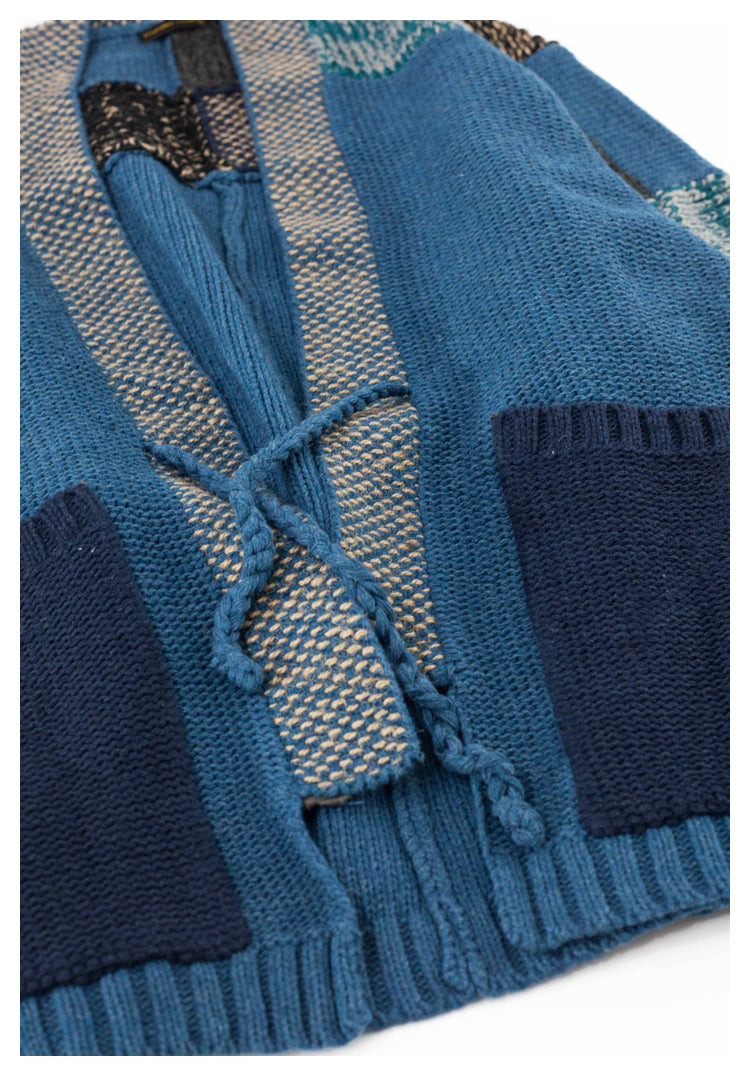 Spot Japanese retro blue patch knitted sweater Taoist robe