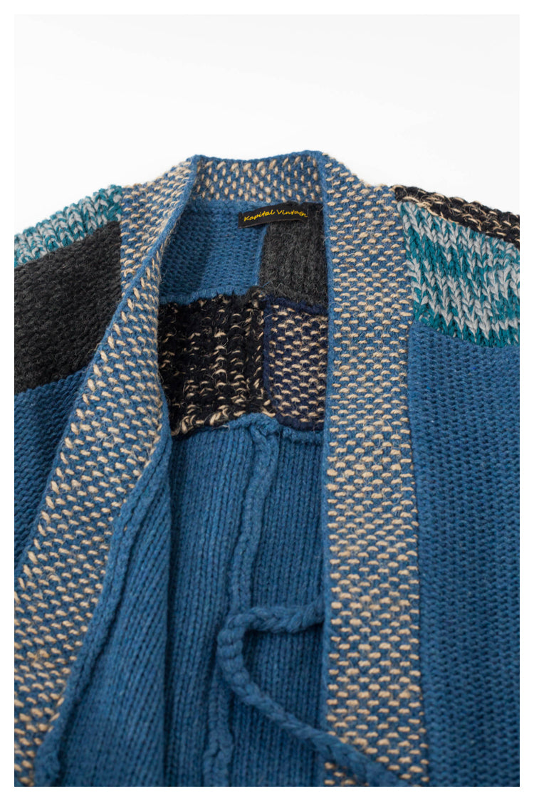Spot Japanese retro blue patch knitted sweater Taoist robe