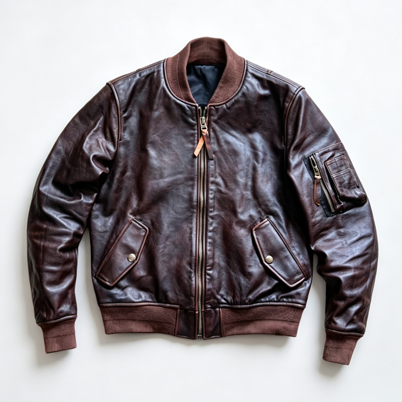 Vintage Cowhide MA-1 Flight Jacket – Hand-Polished Dark Brown Leather