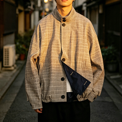 Japanese Retro Plaid Stand Collar Cropped Jacket – Cleanfit Silhouette Spring Jacket for Men – Japanese vintage | yamalin clothes | Yamalinclothes