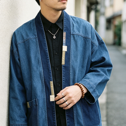 {{ Vintage Patchwork Distressed Denim Jacket – Oversized Washed Workwear Coat for Men – Japanese vintage | yamalin clothes | Yamalinclothes }}