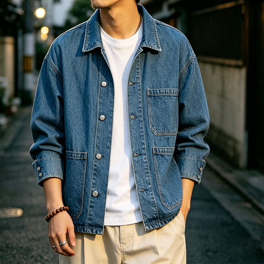 cotton washing  softening process] spring men's casual loose lapel denim jacket jacket