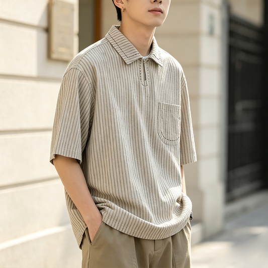 Japanese Vintage Striped Polo Shirt Men – Loose Fit Old Money Short Sleeve