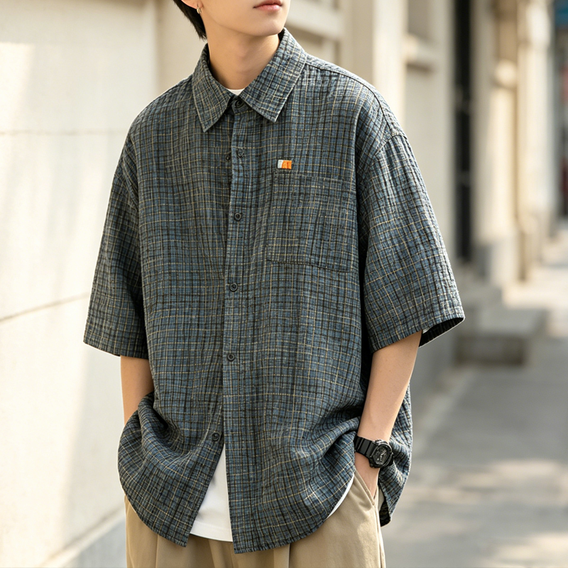 Retro Seersucker Plaid Shirt – Loose Fit Japanese Summer Short Sleeve for Men – Japanese vintage | yamalin clothes | Yamalinclothes