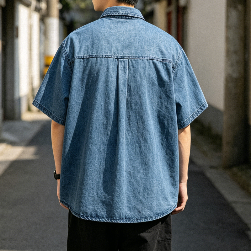 Japanese Vintage Multi-Pocket Denim Short Sleeve Shirt – Loose Fit Utility Workwear for Men – Japanese vintage | yamalin clothes | Yamalinclothes