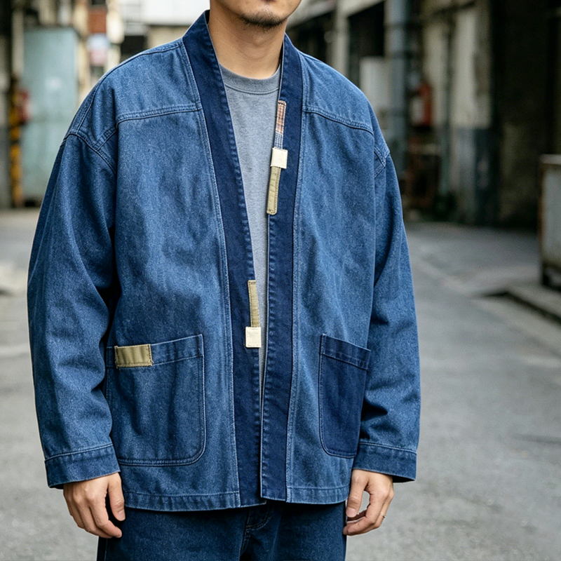 {{ Vintage Patchwork Distressed Denim Jacket – Oversized Washed Workwear Coat for Men – Japanese vintage | yamalin clothes | Yamalinclothes }}