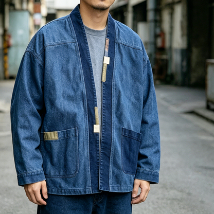 {{ Vintage Patchwork Distressed Denim Jacket – Oversized Washed Workwear Coat for Men – Japanese vintage | yamalin clothes | Yamalinclothes }}