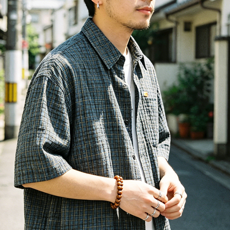 Retro Seersucker Plaid Shirt – Loose Fit Japanese Summer Short Sleeve for Men – Japanese vintage | yamalin clothes | Yamalinclothes