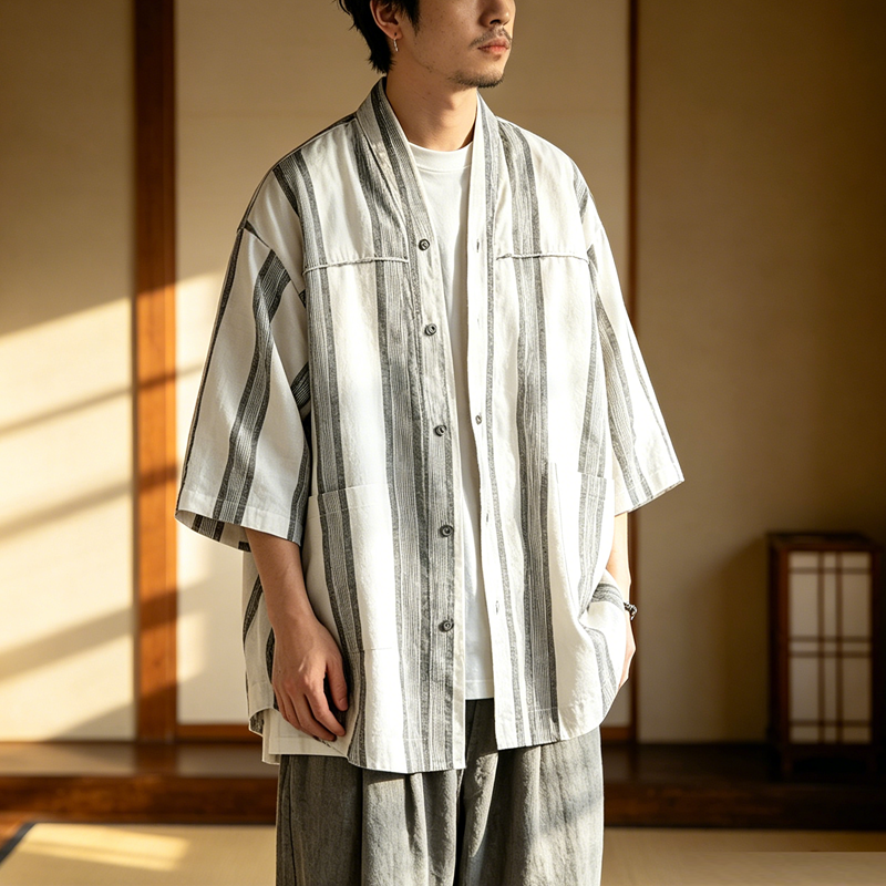Japanese Retro Striped Shirt Jacket – Loose Fit Haori Style Outerwear for Men – Japanese vintage | yamalin clothes | Yamalinclothes