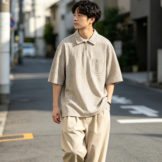Japanese Vintage Striped Polo Shirt Men – Loose Fit Old Money Short Sleeve