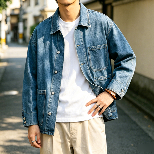 cotton washing  softening process] spring men's casual loose lapel denim jacket jacket