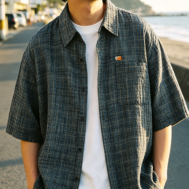 Retro Seersucker Plaid Shirt – Loose Fit Japanese Summer Short Sleeve for Men – Japanese vintage | yamalin clothes | Yamalinclothes