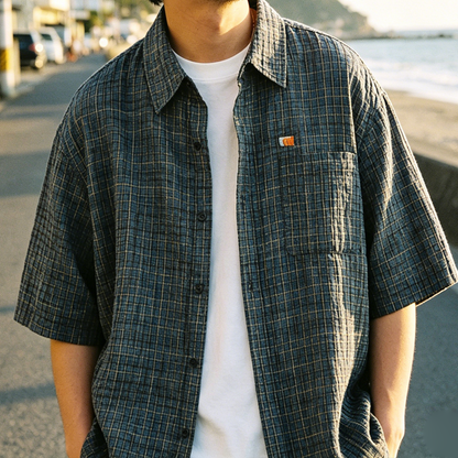 Retro Seersucker Plaid Shirt – Loose Fit Japanese Summer Short Sleeve for Men – Japanese vintage | yamalin clothes | Yamalinclothes