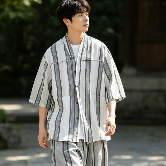 Japanese Retro Striped Shirt Jacket Men – Loose Fit Haori Style Outerwear