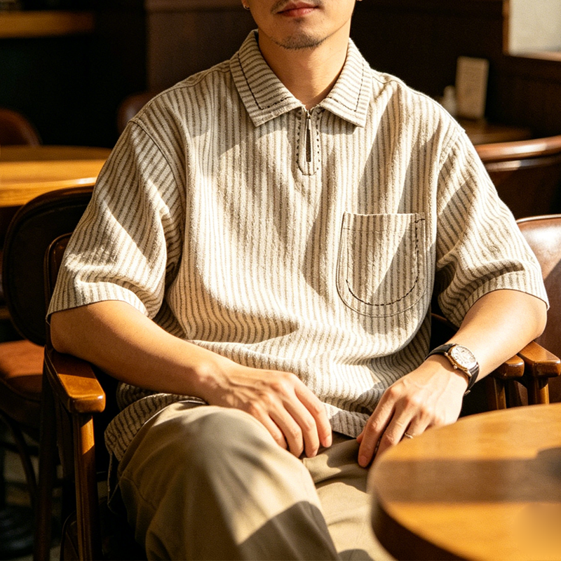 Japanese Vintage Striped Polo Shirt – Loose Fit Old Money Short Sleeve for Men – Japanese vintage | yamalin clothes | Yamalinclothes