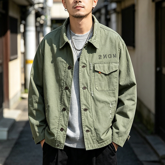 Vintage Distressed Military Jacket Men – Japanese Patchwork Workwear Coat