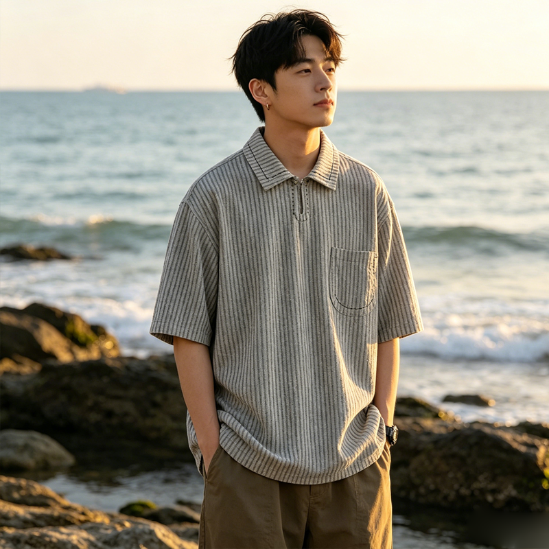 Japanese Vintage Striped Polo Shirt – Loose Fit Old Money Short Sleeve for Men – Japanese vintage | yamalin clothes | Yamalinclothes