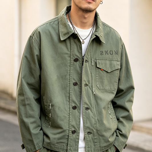 Vintage Distressed Military Jacket Men – Japanese Patchwork Workwear Coat