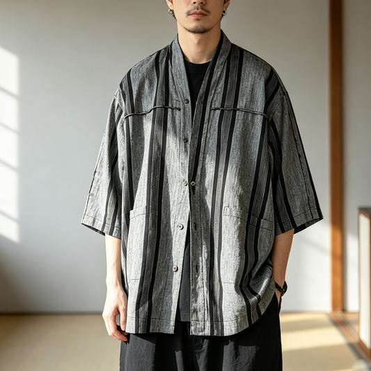 Japanese Retro Striped Shirt Jacket Men – Loose Fit Haori Style Outerwear