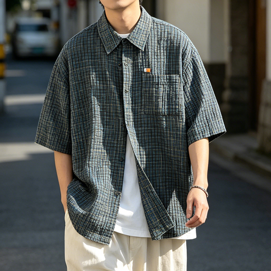 Retro Seersucker Plaid Shirt Men – Loose Fit Japanese Summer Short Sleeve