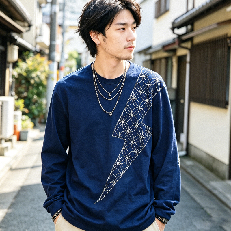 Japanese Vintage Indigo Long Sleeve T-Shirt – Washed Loose Casual Tee for Men – Japanese vintage | yamalin clothes | Yamalinclothes